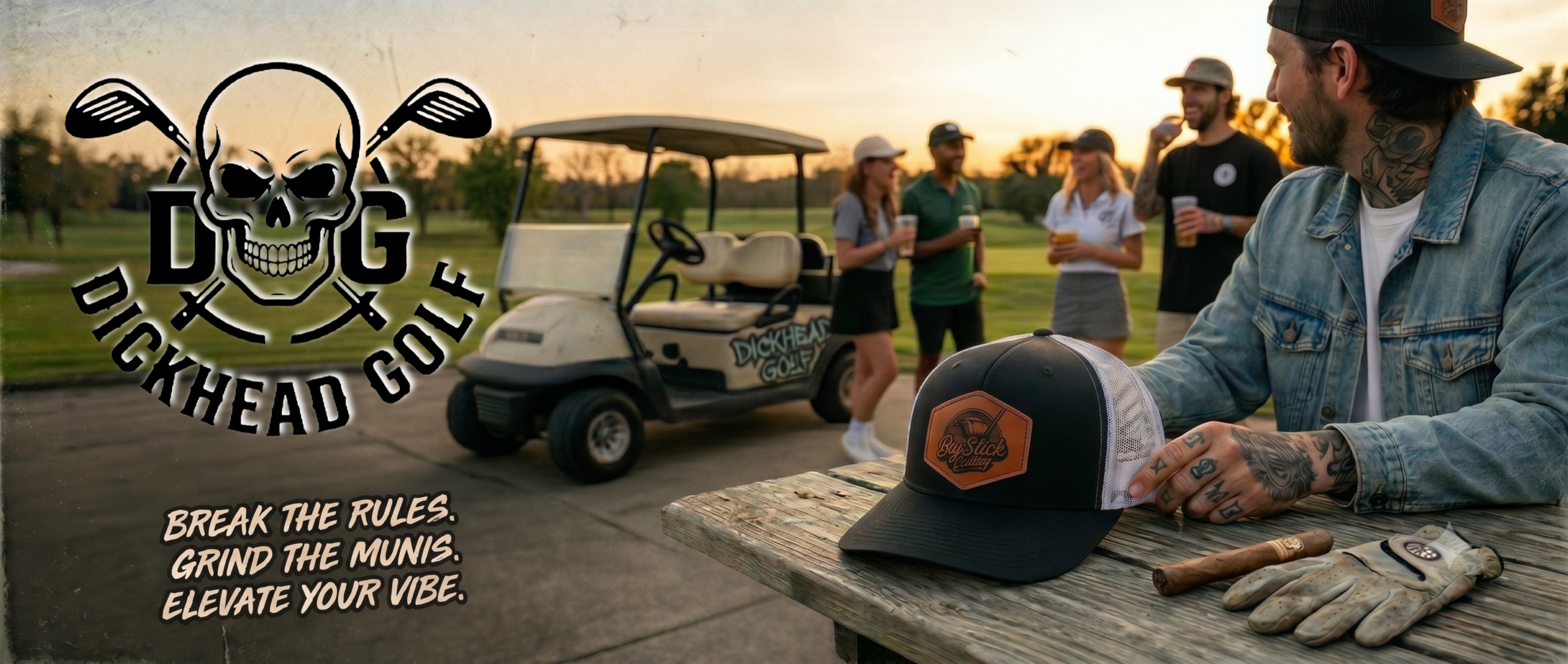 Dickhead Golf brand logo banner featuring a skull and crossed clubs over an outdoor muni golf course lifestyle scene.